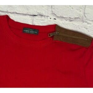 LRL Lauren Jeans Co. Knit Shirt Women's XS (NO TAG) Red Long Sleeve Suede Accent
